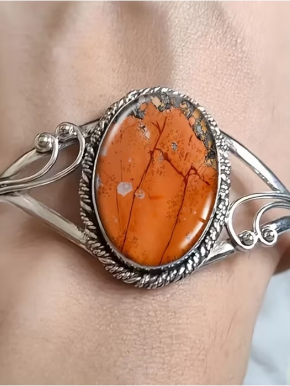 Silvertone Cuff Bracelet with Orange brown Glass Stone